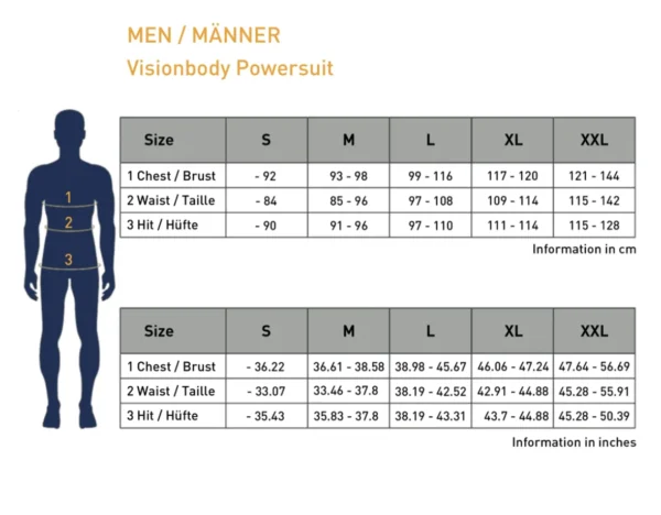 Size chart displaying measurements for men's clothing