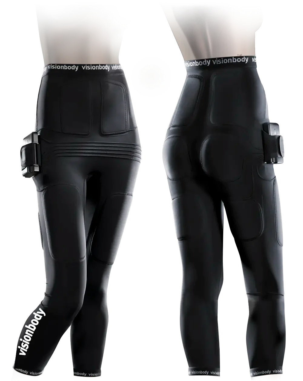 Front and back views of a person wearing high-waisted black fitness leggings with Visionbody branding, featuring built-in pockets and electronic components for muscle stimulation, making them the ideal EMS Training Gear.