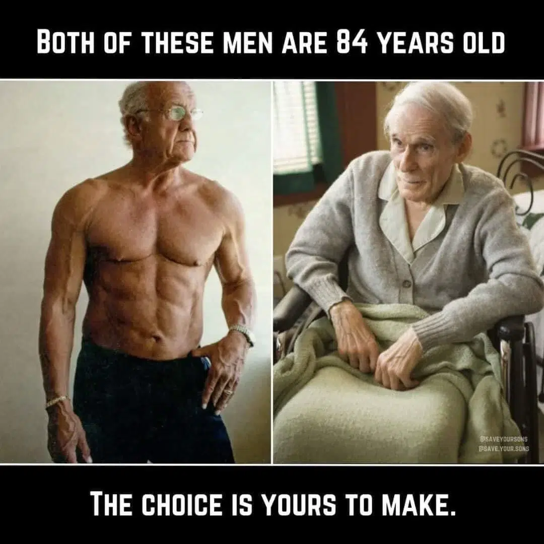 Two elderly men at 84 years old showcasing physical fitness.