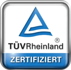 Tüv rheinland certification mark on a silver badge.