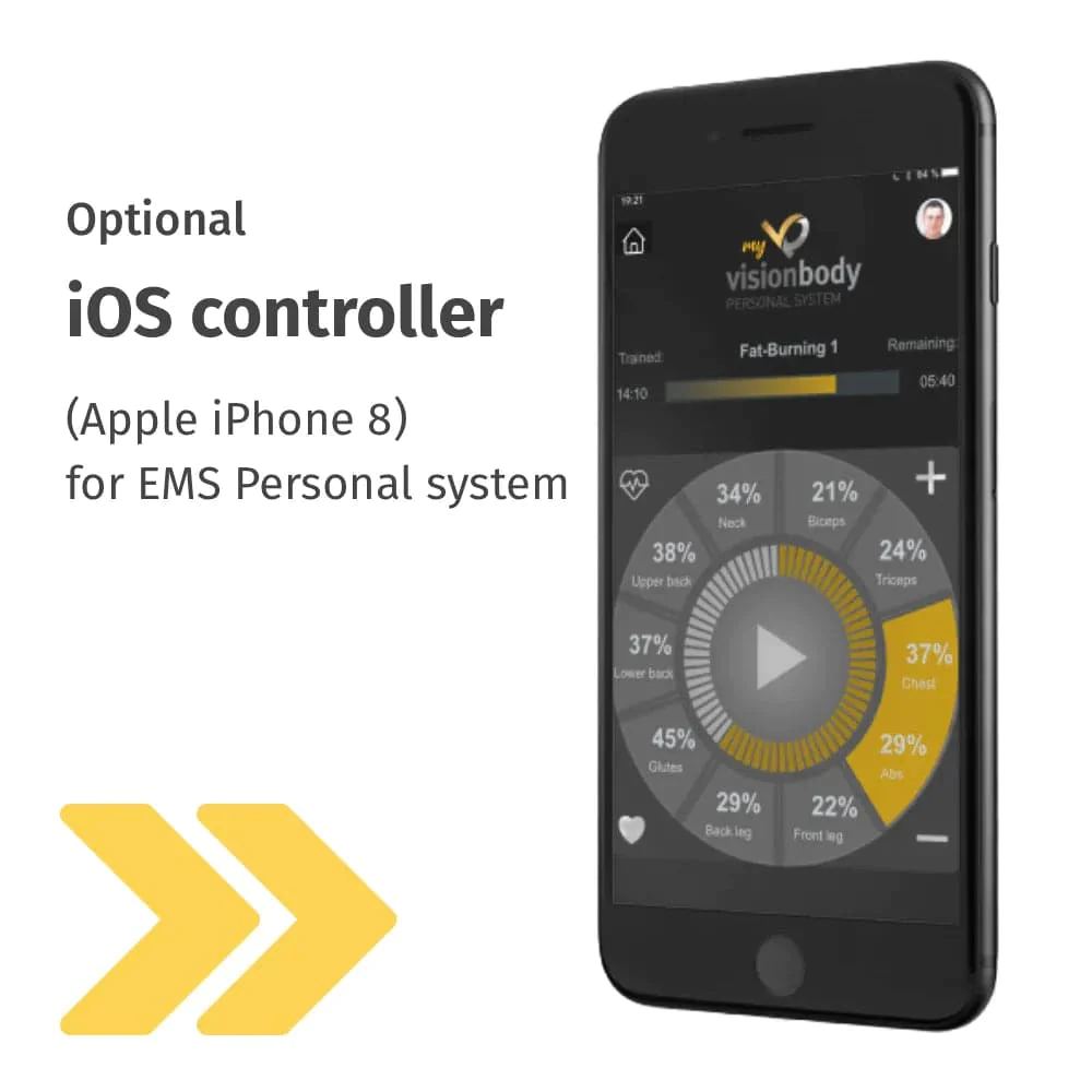 Optional ios controller app for ems personal system displayed on an apple iphone 8.