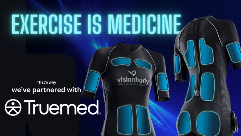 Promotional image highlighting a partnership between truemed and visionbody, featuring an advanced exercise suit with a slogan "exercise is medicine".