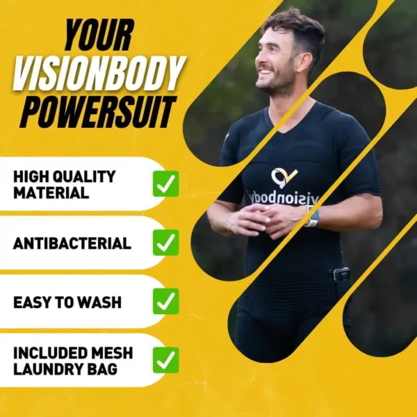 Promotional image for athletic wear featuring a smiling male runner; highlights product benefits like high-quality material and antibacterial features against a yellow and black design.