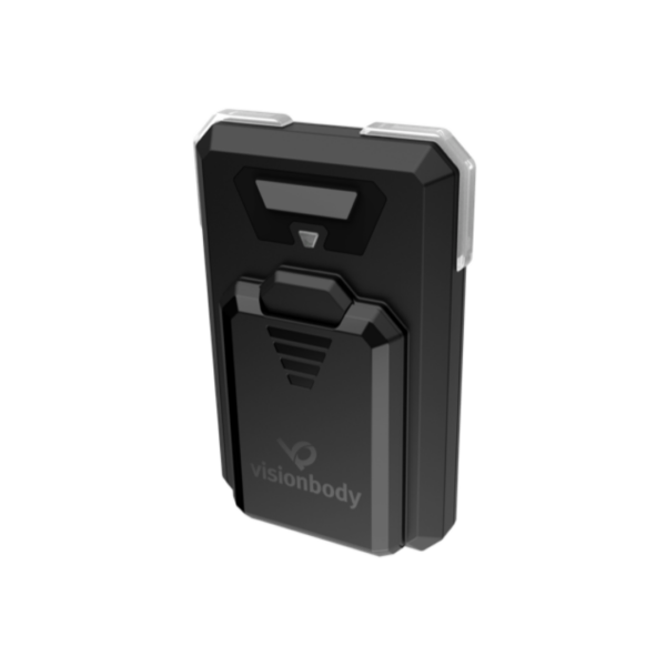 A black, rectangular electronic device with the word "visionbody" on the front. This EMS Personal System features a small triangular indicator light and a clip or latch mechanism at the bottom.