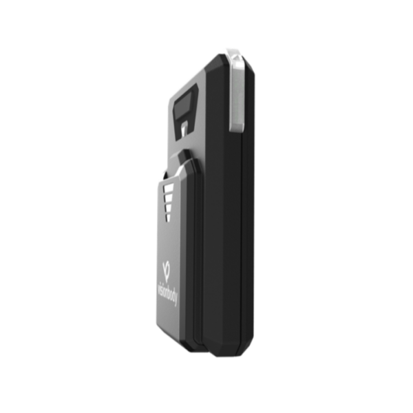 A black, rectangular electronic device with angular design elements, featuring a logo and small details in white, designed to seamlessly integrate with your EMS Personal System.