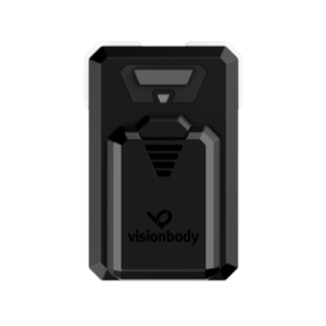 A black rectangular electronic device, branded "visionbody," featuring geometric patterns and a small indicator light at the top, designed as an EMS Personal System for efficient muscle stimulation.