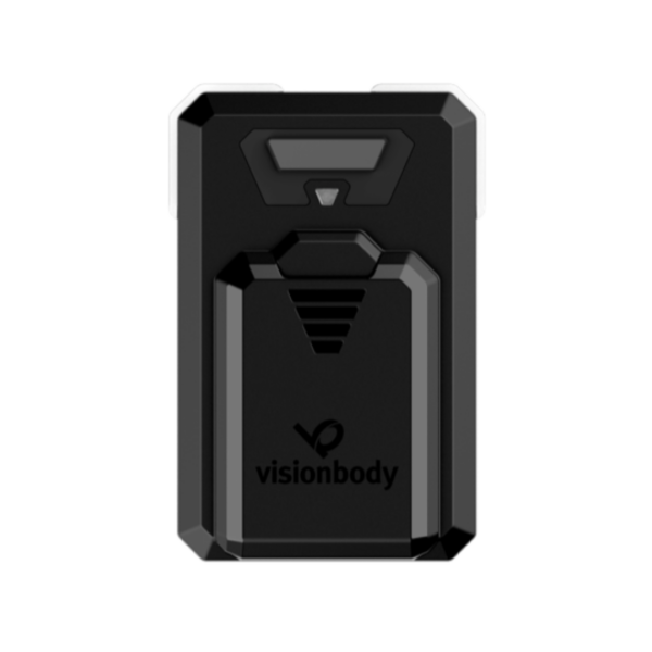 A black rectangular electronic device, branded "visionbody," featuring geometric patterns and a small indicator light at the top, designed as an EMS Personal System for efficient muscle stimulation.
