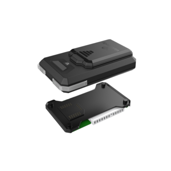 A black electronic device resembling the EMS Personal System, consisting of two parts: a closed rectangular casing and a separated component featuring pins and a connector.