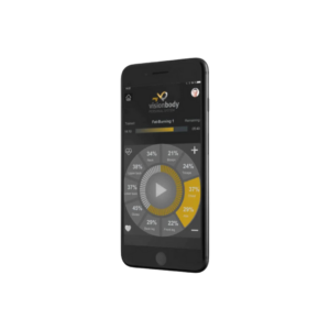 A smartphone displaying the Visionbody app interface, featuring a circular progress chart labeled "Fat Burning I" with various fitness metrics and a play button at the center, seamlessly integrating the EMS Personal System for an enhanced workout experience.