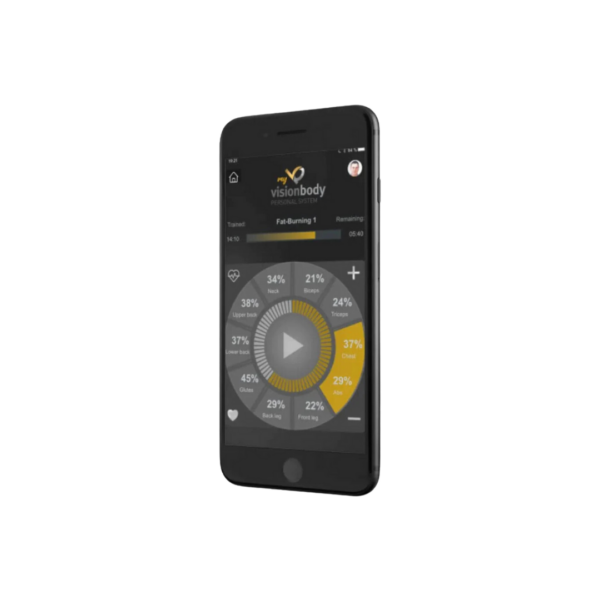 A smartphone displaying the Visionbody app interface, featuring a circular progress chart labeled "Fat Burning I" with various fitness metrics and a play button at the center, seamlessly integrating the EMS Personal System for an enhanced workout experience.