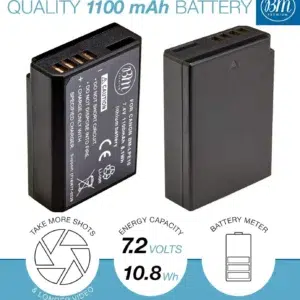 Two 1100 mah camera batteries with descriptions of their features like energy capacity, battery meter, and advantages, displayed side by side.