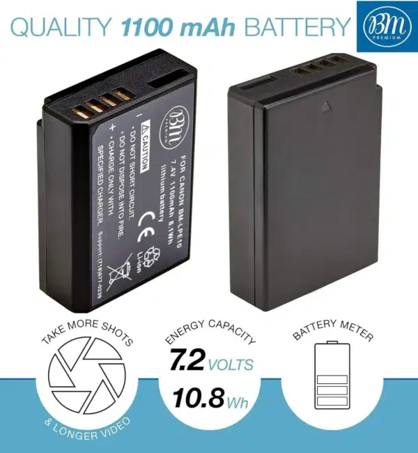 Two 1100 mah camera batteries with descriptions of their features like energy capacity, battery meter, and advantages, displayed side by side.