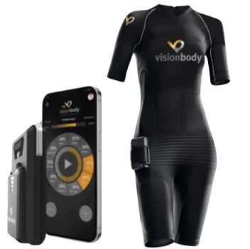 Image of a black Visionbody suit with integrated technology, displayed alongside a control device and mobile app screen used for fitness and body training.