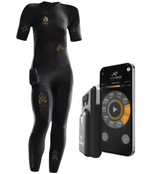 Image showing a black, high-tech athletic suit with electronic components paired with a touch screen control device. The suit and device feature a logo with yellow and white elements.