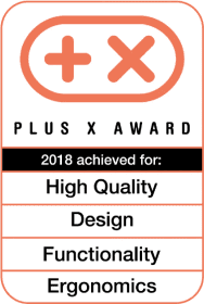 Plus X Award logo with text: "2018 achieved for High Quality, Design, Functionality, Ergonomics.
