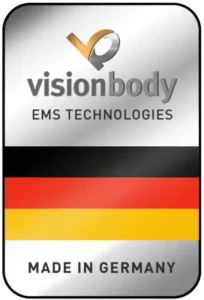 A logo for VisionBody EMS Technologies with a German flag and the text "Made in Germany.