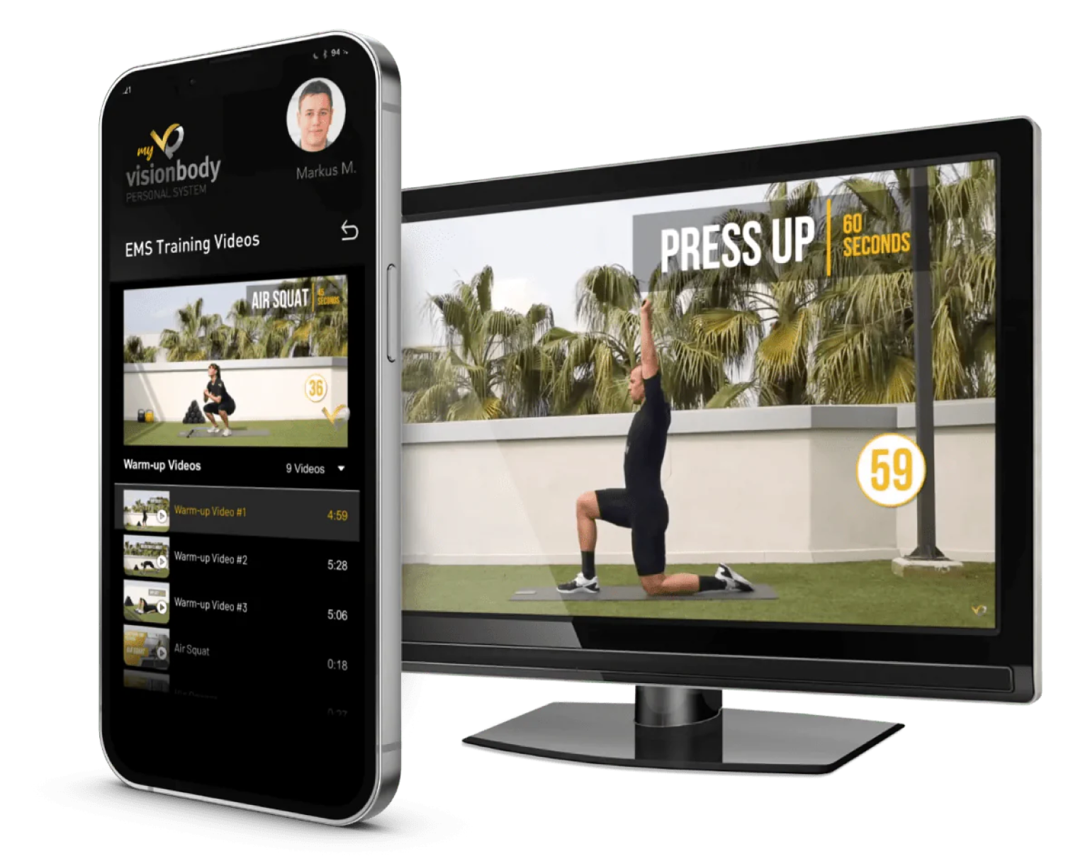 A smartphone showing a list of instructional videos and a TV screen displaying an exercise video with a person performing a press-up. Timer and instructional text are visible on the TV screen.