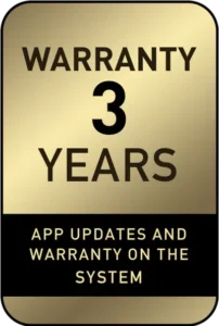 A gold plaque with the text "Warranty 3 Years" and "App updates and warranty on the system" written on it.