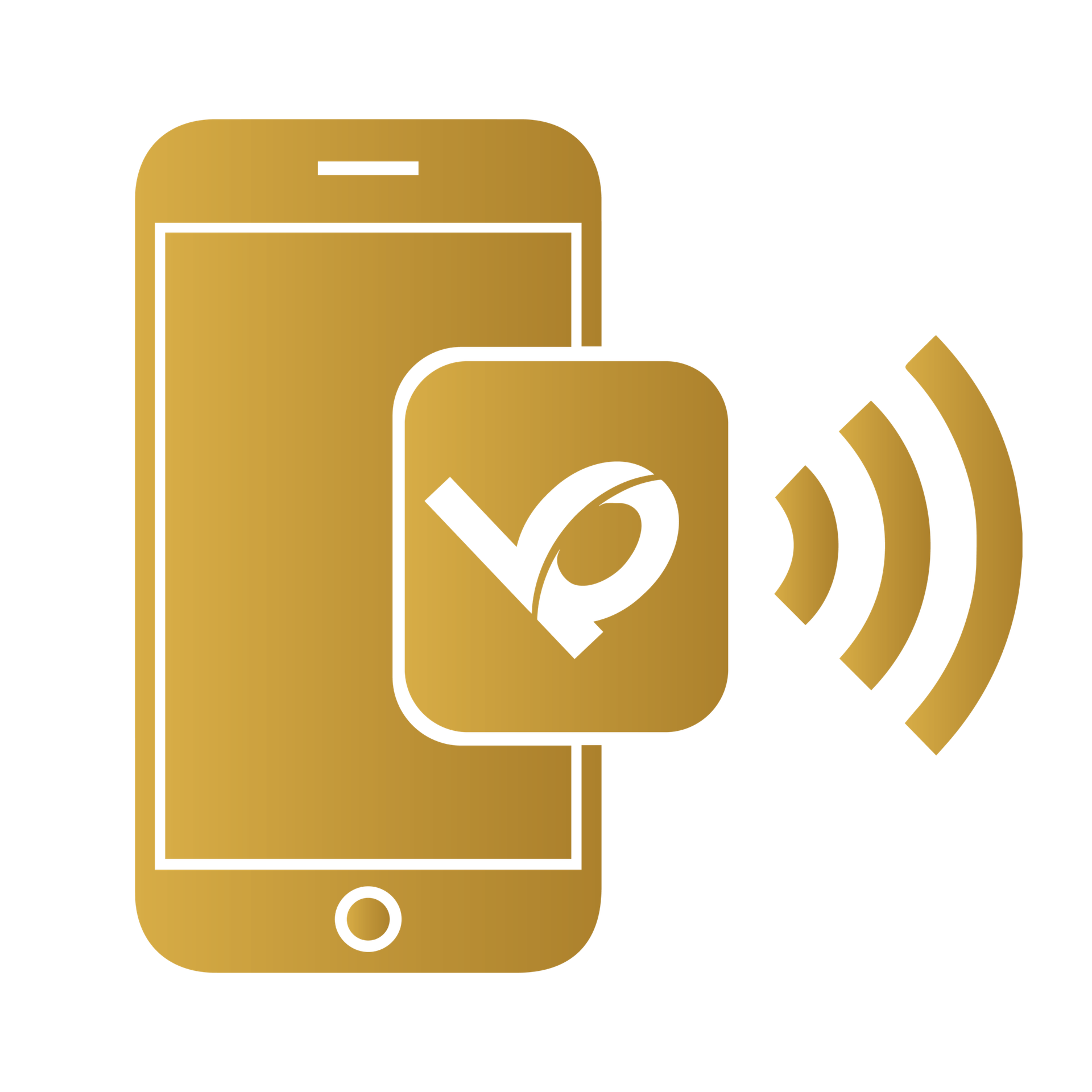 Gold icon featuring a smartphone with a contactless payment symbol emitting wireless waves, suggesting mobile payment functionality.