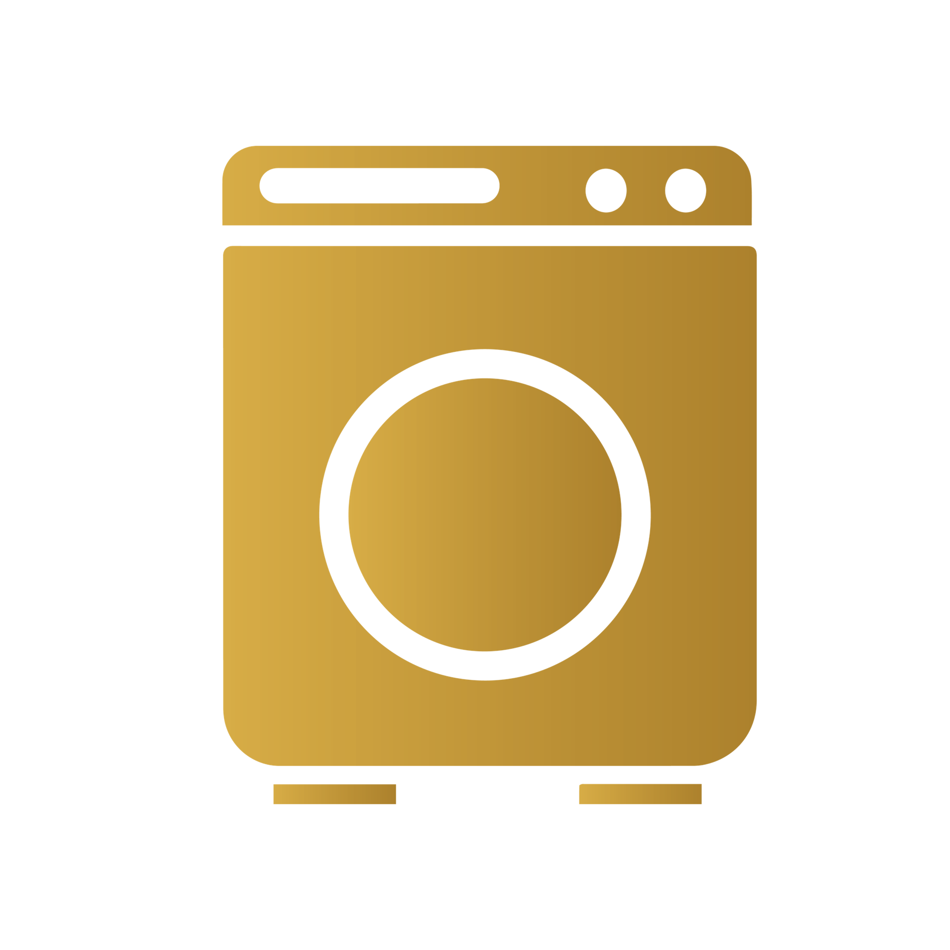 Icon of a front-loading washing machine in gold. The design includes a rectangular display panel and control buttons on the top section, with a circular door in the front.