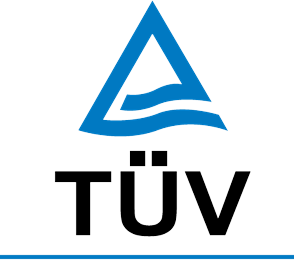 A blue triangular logo with wave-like lines above the text "TÜV" in black.