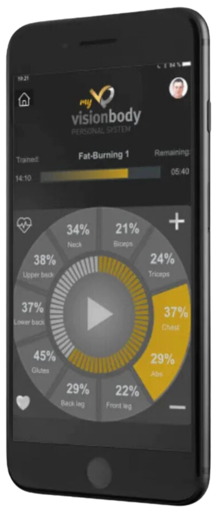 Smartphone screen displaying the "my visionbody" app with a circular workout progress chart highlighting various muscle groups and a timer in the "Fat-Burning 1" mode.