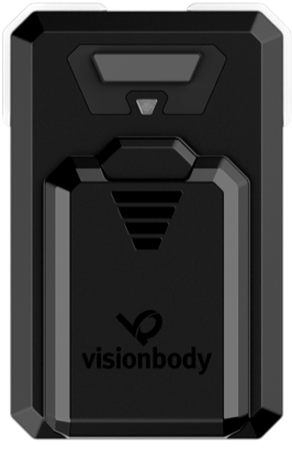 A black electronic device with the brand name "visionbody" on it, featuring a triangular pattern and buttons at the top.