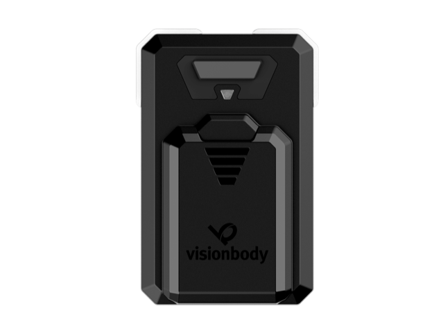 A sleek black electronic device with the brand name VisionBody on the front, boasting angular design elements and multiple buttons or sensors.